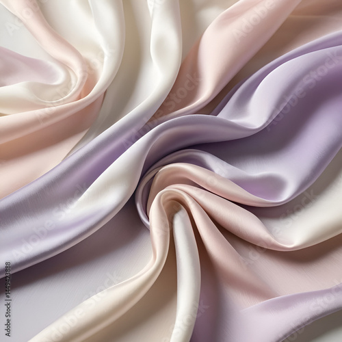 Delicate, windswept silk flows gently, showcasing intricate, ombre-inspired hues of blush, lavender, and cream, evoking a sense of serene elegance and sophisticated simplicity.