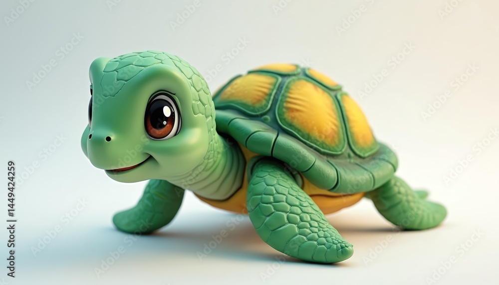 Obraz premium Cute cartoon sea turtle illustration on white background. Adorable smiling character, 3d render. Perfect for kids, children, aquatic animal theme, ocean concept art.