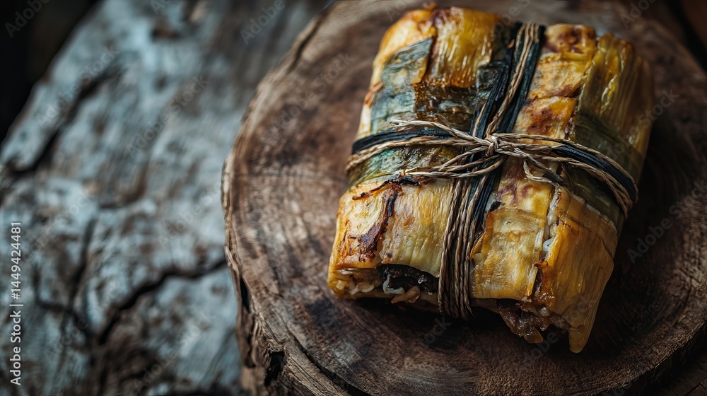 Delicious grilled eggplant dish wrapped in banana leaves rustic wooden background gourmet food photography studio shot close up view Delicious grilled eggplant dish wrapped in banana leaves rustic wooden background gourmet food photography studio shot close up view