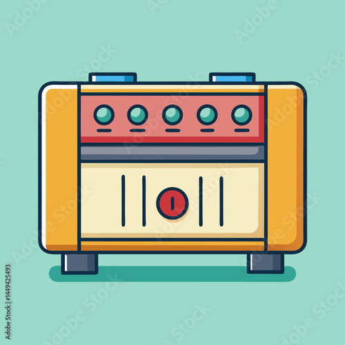 Cartoonish audio amplifier illustration in orange and red with knobs and speaker
