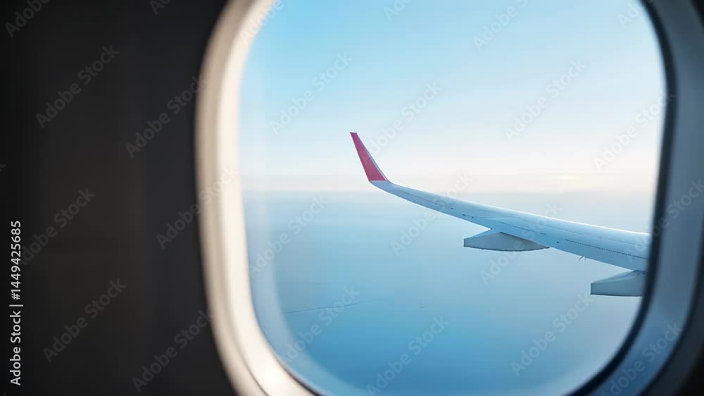 Airplane wing view from window against clear blue sky Airplane wing view from window against clear blue sky