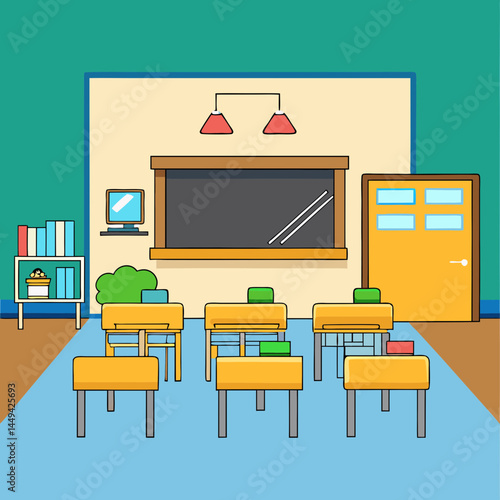 Cartoon illustration of an empty classroom with desks and a blackboard