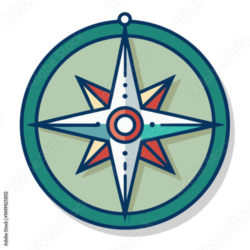 Illustration of a classic and colorful compass rose design with shadow