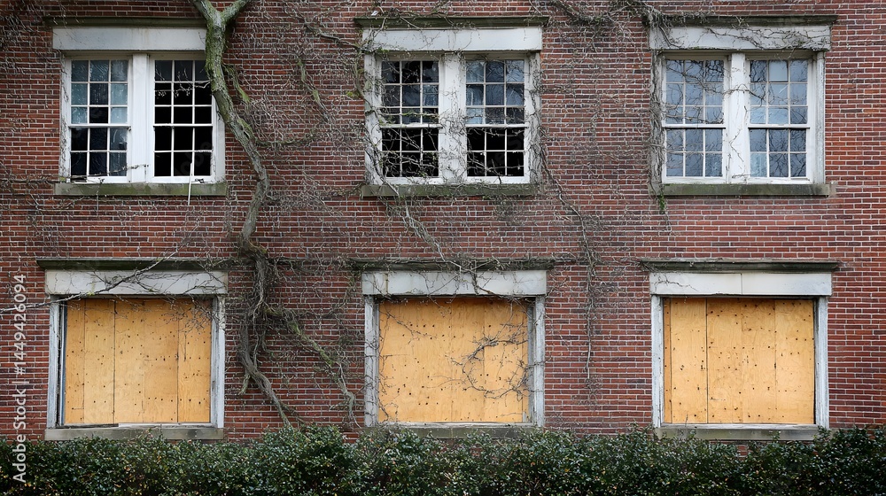 Boarded Up Windows Old Brick Building Exterior Boarded Up Windows Old Brick Building Exterior