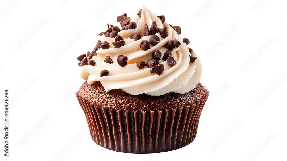 Delicious chocolate cupcake with vanilla frosting and chips, cut out transparent Delicious chocolate cupcake with vanilla frosting and chips, cut out transparent