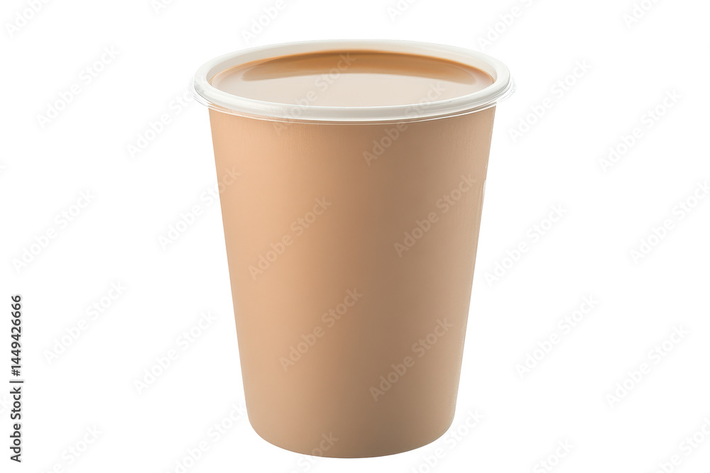 Beige cup of cafe au lait with white lid Beige cup of cafe au lait with white lid