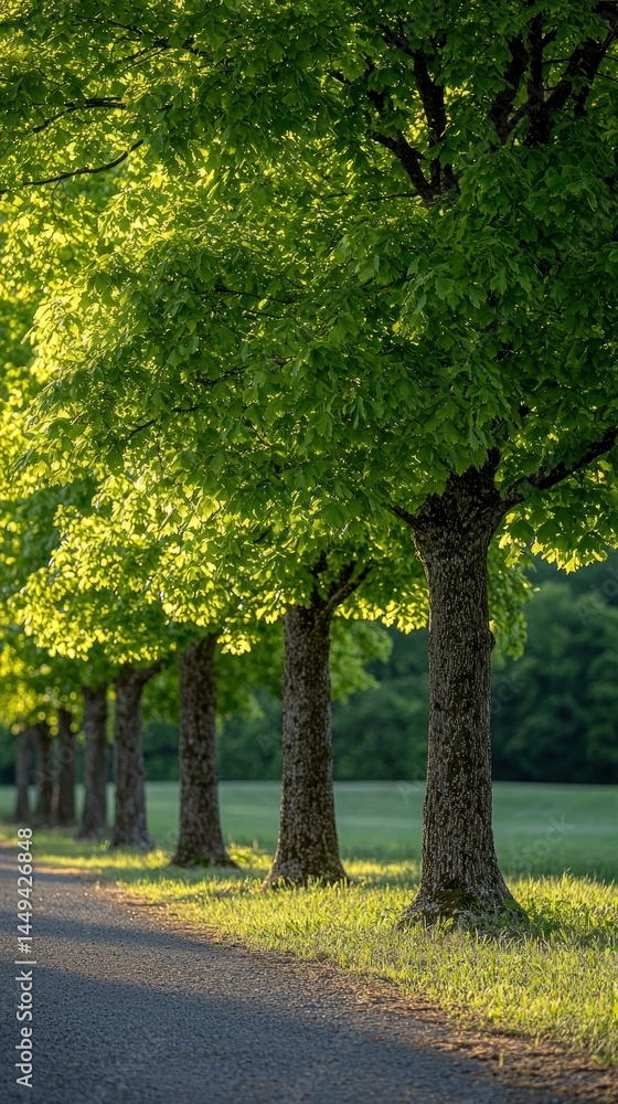 Naklejka premium Trees line pathway, bright spring leaves, forest background