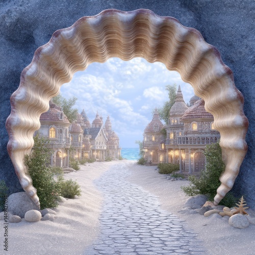 Seashell Archway to Coastal Town Pastel Colors, Sandy Path, Fantasy Setting
