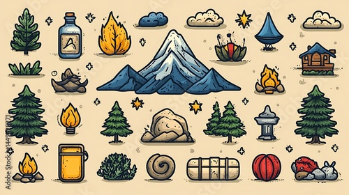Camping and outdoor exploration themed icon set