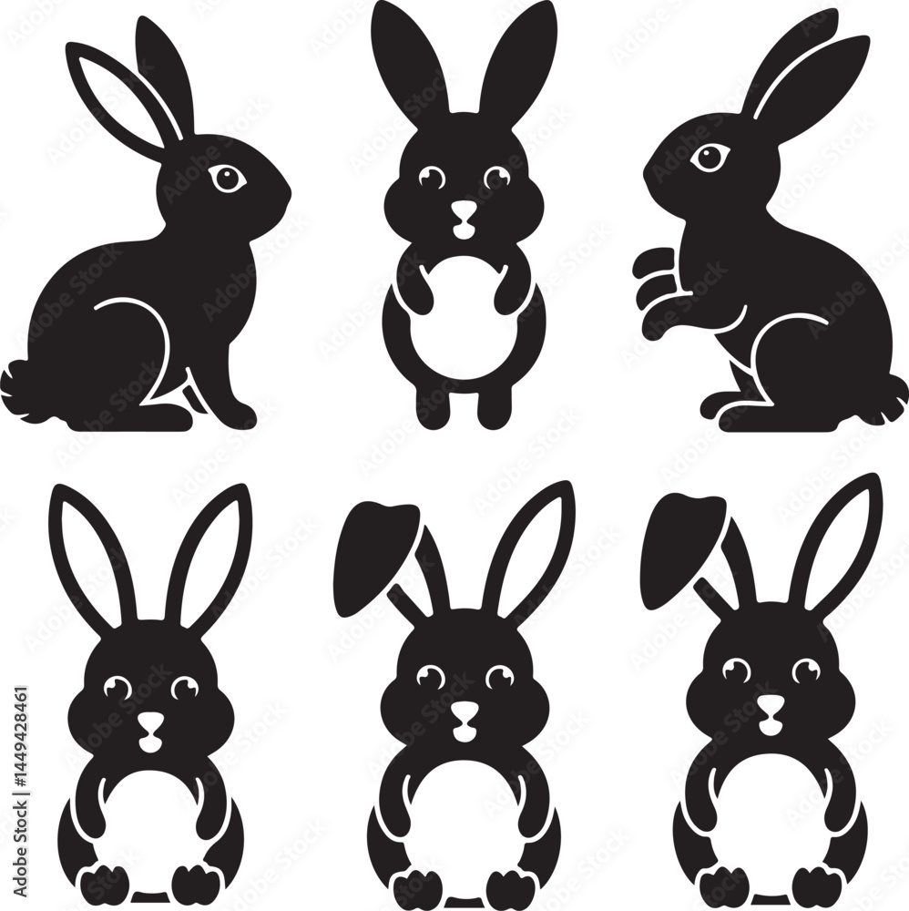Fototapeta premium Easter Bunny Silhouettes Vector Jumping Sitting Baby Icons 