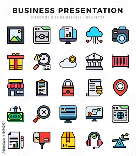 Set of Business Presentation Icons. Simple line art style icons pack.