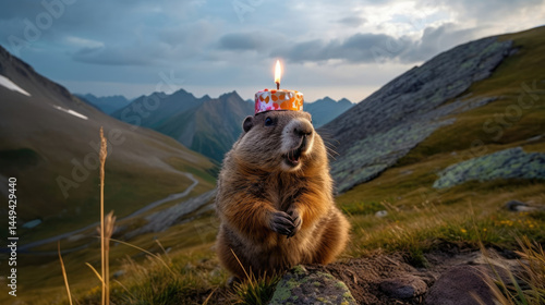 Groundhog wearing a birthday cake crown on a mountain