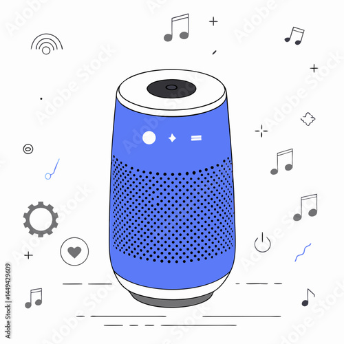 Smart speaker with music notes and icons in a minimalist style  