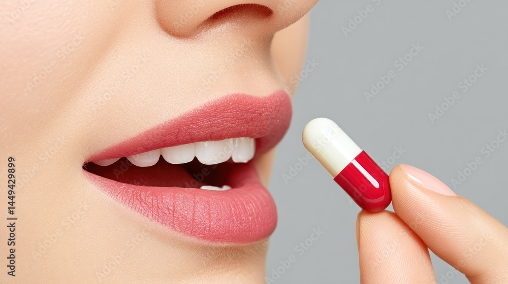 Naklejka premium Woman taking a white and red capsule with her hand