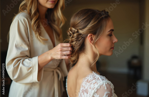 Bride gets elegant hairstyle done by professional hairstylist. Wedding day preparations, close-up of hair, waves, curls, updo hairstyle. Bridal beauty, romantic portrait. Getting ready for wedding,
