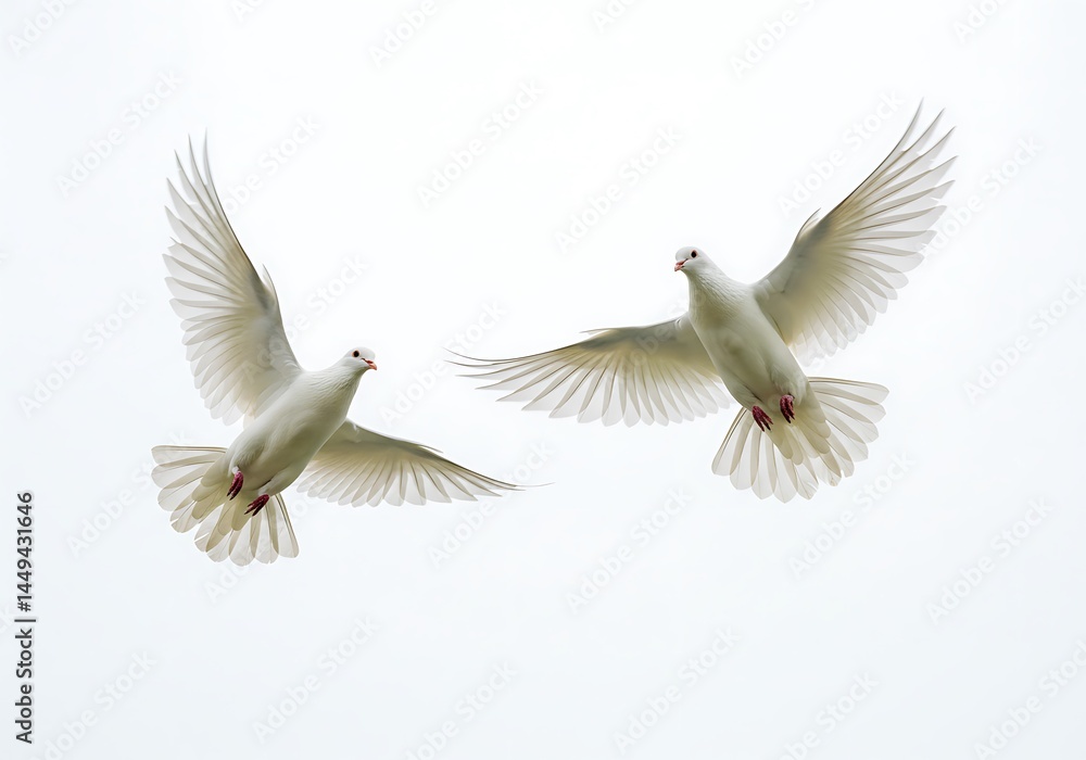 Obraz premium Two white doves gracefully soaring against a bright sky with wings spread wide in elegant flight