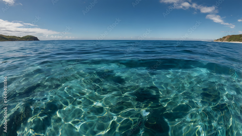 A split level shot of turquoise ocean water and clouds in a blue sky. A split level shot of turquoise ocean water and clouds in a blue sky.