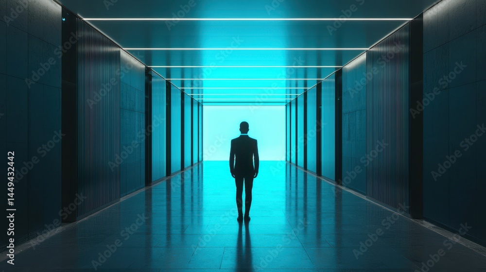 A solitary figure in a suit walks down a futuristic, illuminated hallway with a blue glow. A solitary figure in a suit walks down a futuristic, illuminated hallway with a blue glow.