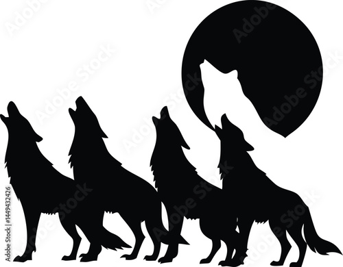 Four wolf silhouettes howl at the moon in this animal with transparent background