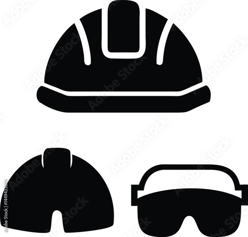 Hard hat, safety goggles, and ear protection are illustrated in black on a white background