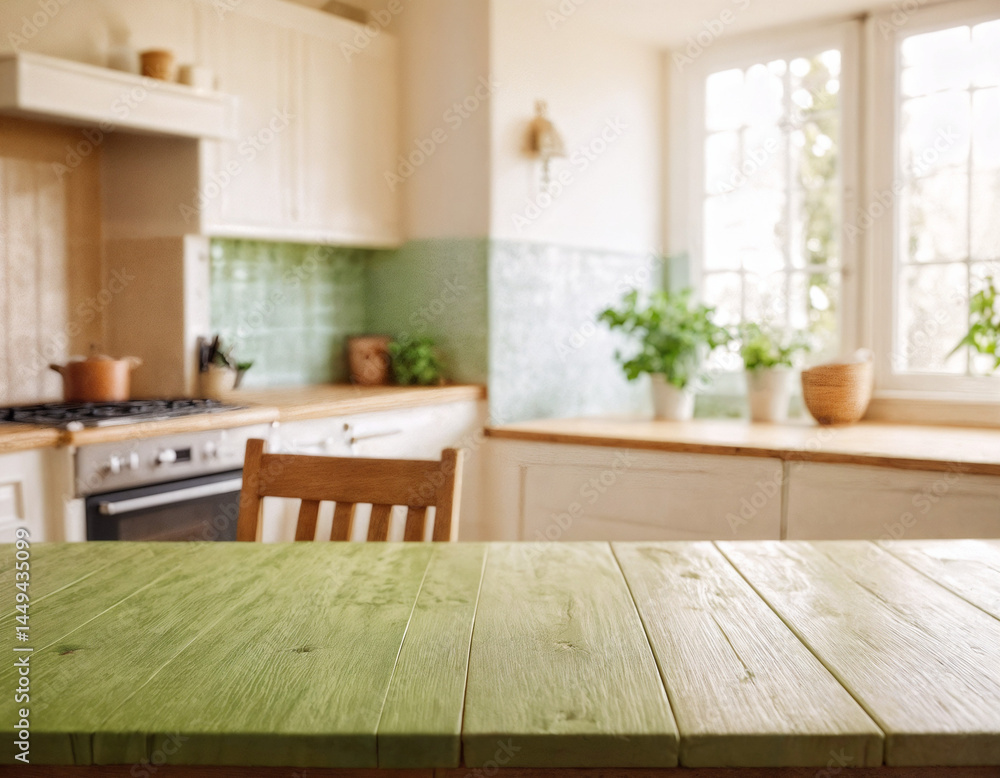 Empty wooden table with the bright white interior of the kitchen as a blurred background behind the bokeh golden sunshin Empty wooden table with the bright white interior of the kitchen as a blurred background behind the bokeh golden sunshin