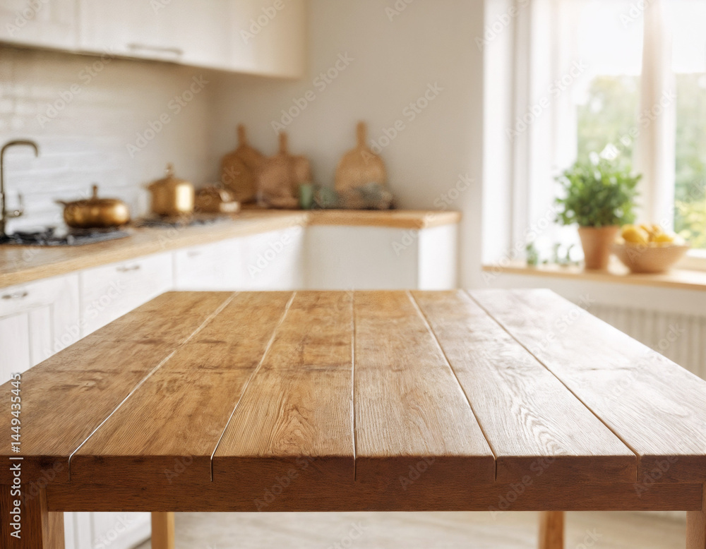 Empty wooden table with the bright white interior of the kitchen as a blurred background behind the bokeh golden sunshin Empty wooden table with the bright white interior of the kitchen as a blurred background behind the bokeh golden sunshin