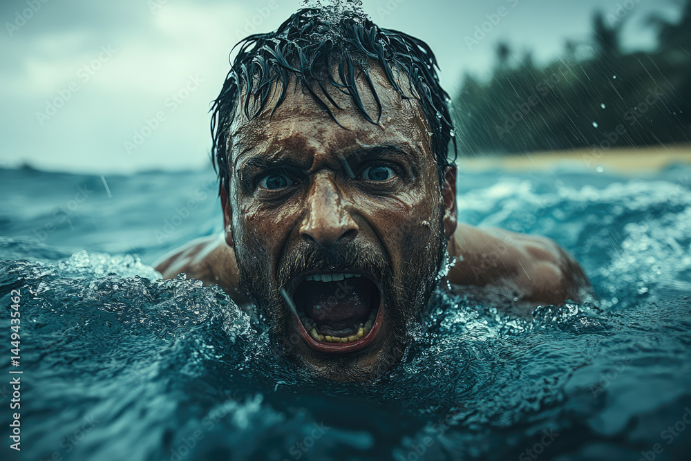 Dramatic 4K Image of Stranded Man Crying Out