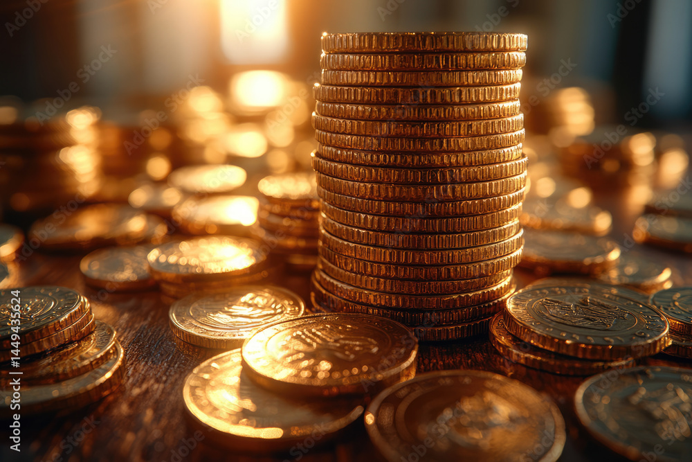 Cinematic Office Scene with Cascading Gold Coins and Sunlight