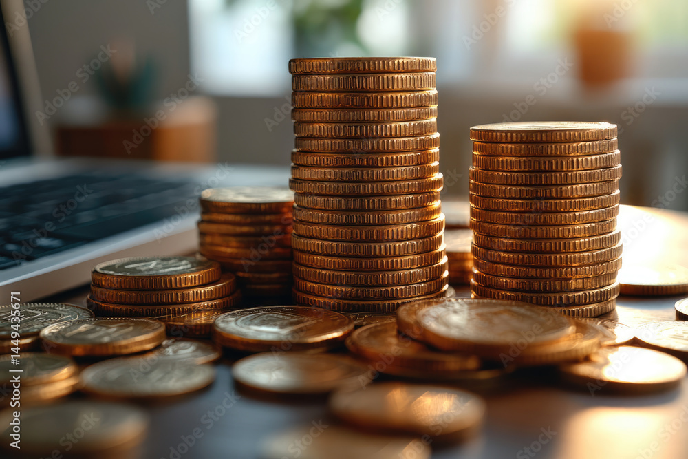 Cinematic Office Scene with Cascading Gold Coins and Sunlight