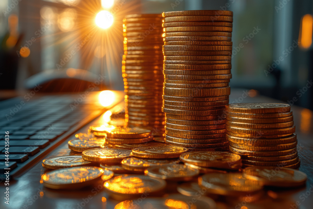 Sunlit Office Desk with Stacks of Coins and Wooden Texture