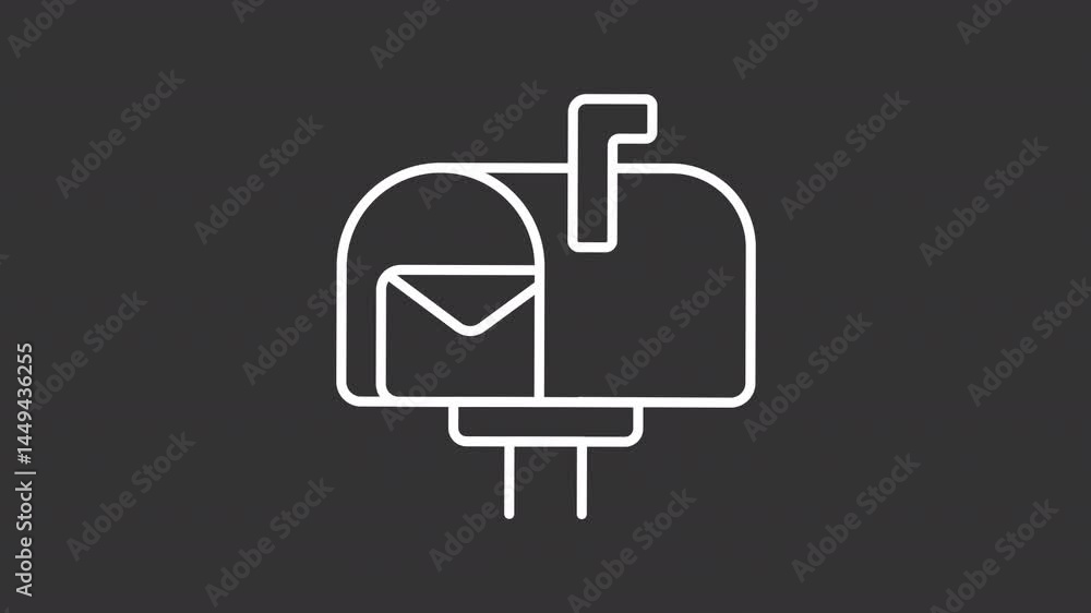 Postal service white line animation. Mailbox animated icon. Moving mail, envelope. Shaking box. Marketing delivery, notification. Isolated element on dark background. Alpha transparent video Postal service white line animation. Mailbox animated icon. Moving mail, envelope. Shaking box. Marketing delivery, notification. Isolated element on dark background. Alpha transparent video