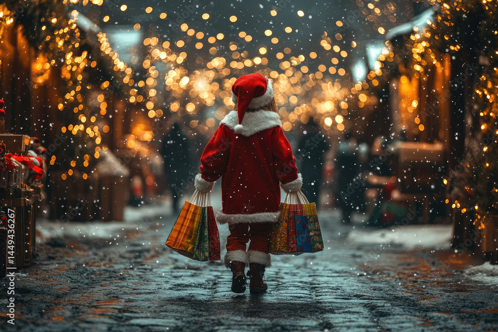 Warmly Lit Snowy Scene with Christmas Elf and Gifts