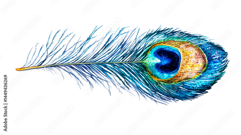 Fototapeta premium Watercolor vivid peacock feather isolated object, cut out transparent