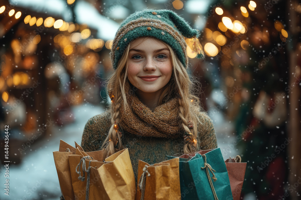 Christmas Elf Carrying Colorful Shopping Bags in Snowy Street