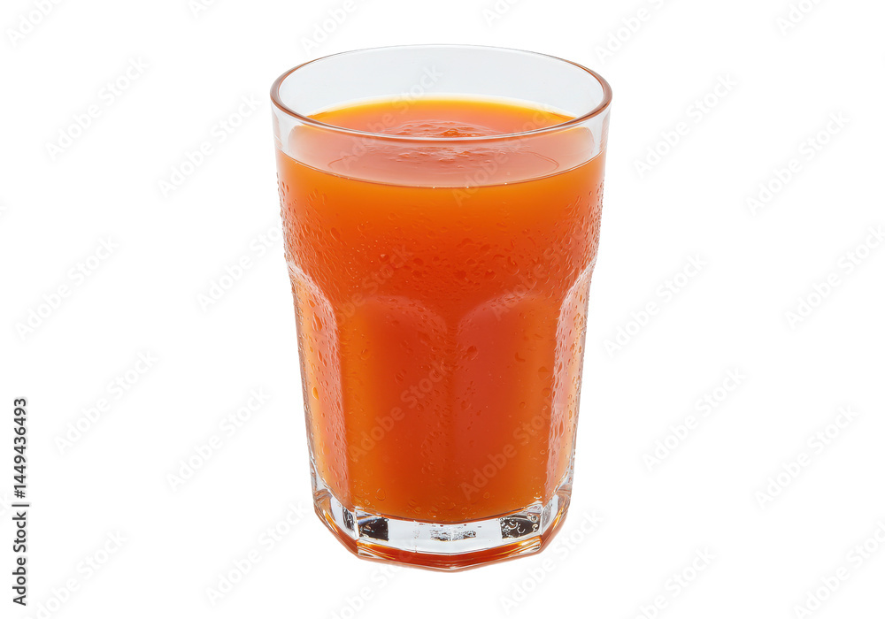 A tall faceted glass of vibrant refreshing orange juice on black A tall faceted glass of vibrant refreshing orange juice on black