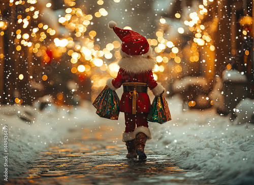 Obraz na płótnie Warmly Lit Snowy Scene with Christmas Elf and Gifts w salonie