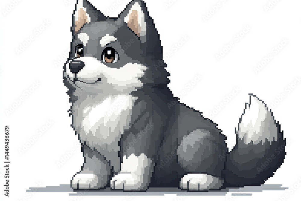 Chibi Style Gray and White Dog in Pixel Art