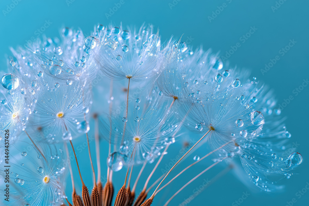 Macro Photograph of Dandelion Seed Head with Morning Dew