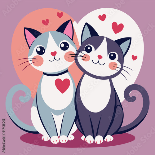Two adorable cats hug a heart