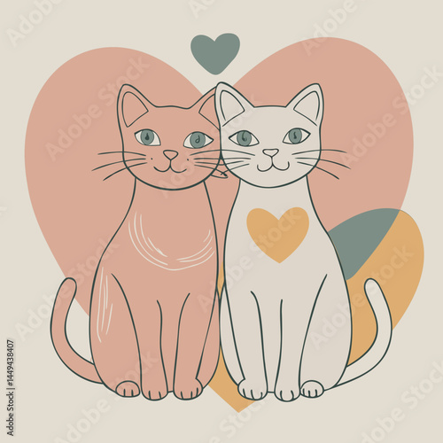Two cats in love with a heart between them in doodle style