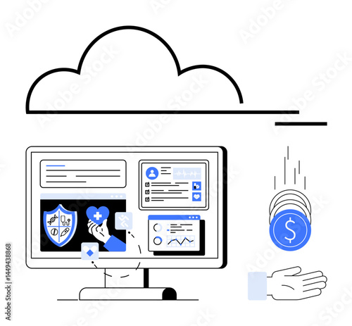 Desktop screen with health insurance, payment data, cloud storage, and hand receiving digital currency. Ideal for fintech, healthcare, cloud services, data security, user interface online payment