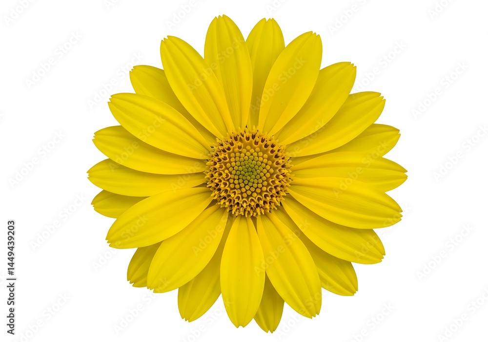 Fototapeta premium A vibrant yellow flower with a detailed center on a clean white background showing its beauty alone