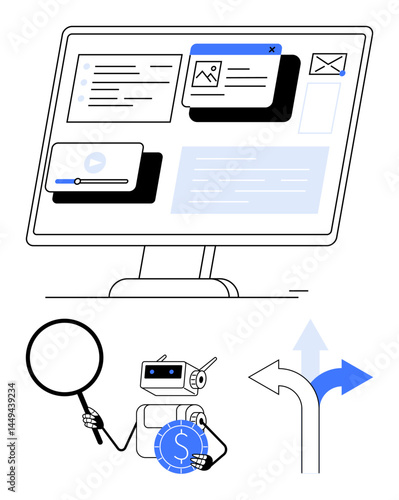 Desktop screen with documents, robot holding magnifier and coin, arrows symbolizing decision-making paths. Ideal for AI, automation, digital strategy, finance, data analytics, decision-making