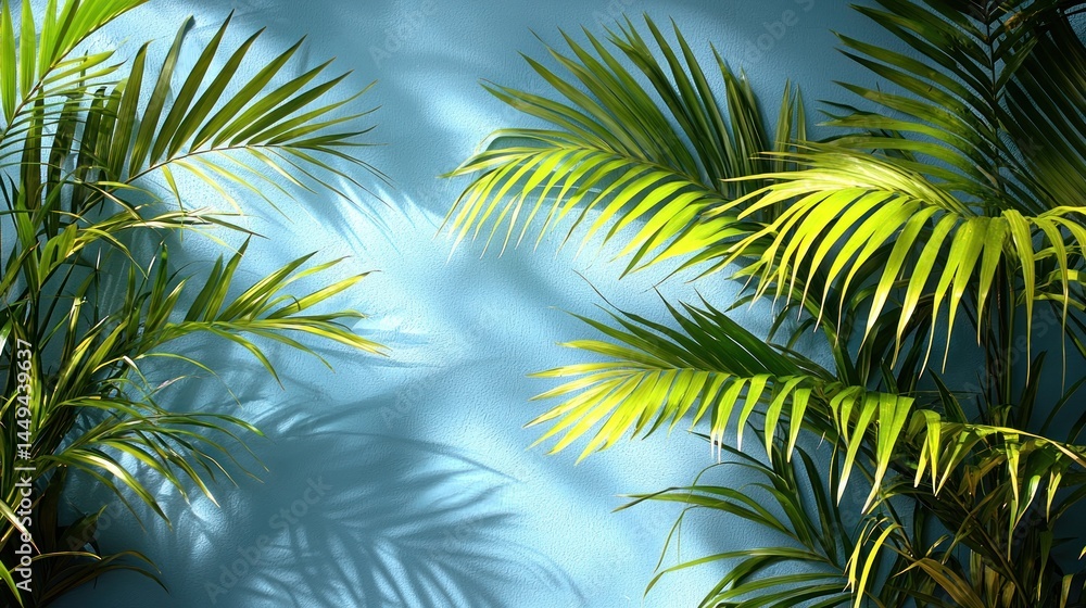 Fototapeta premium Lush palm fronds against a teal wall