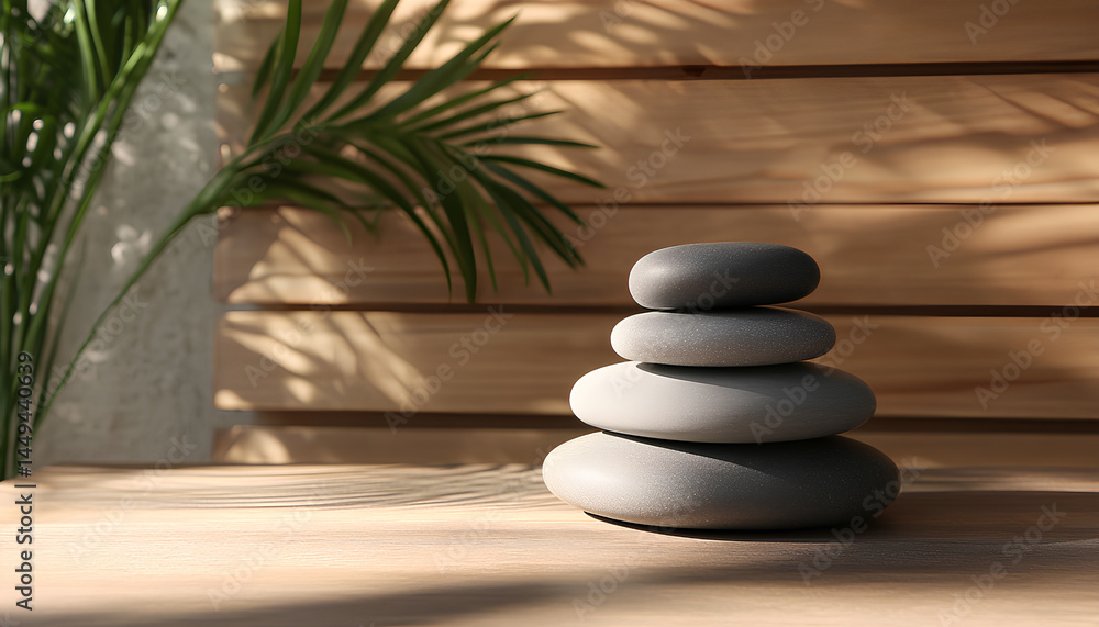 Stacked zen stones and bamboo leaves on table against wooden background. Space for text Stacked zen stones and bamboo leaves on table against wooden background. Space for text