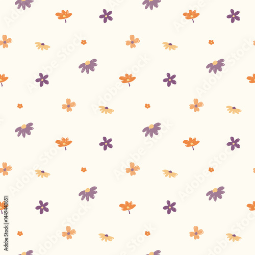 Seamless Pattern with Hand Drawn Flower Design on Light Yellow Background. Hand Drawn Vector Illustration.