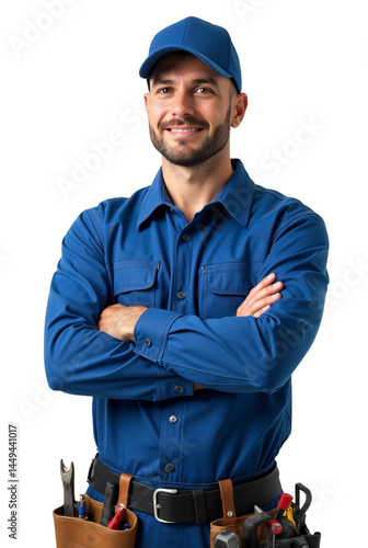 A smiling, confident man wearing a blue work uniform, including a matching blue baseball cap, stands with his arms crossed. 