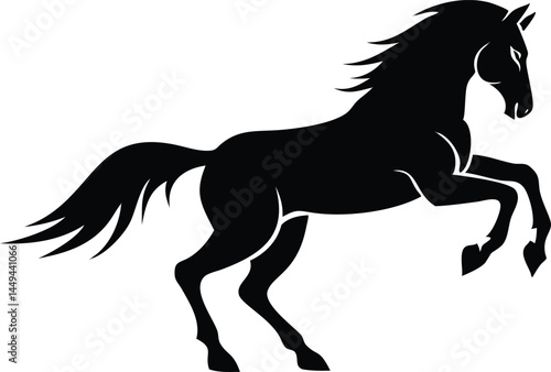 Silhouette horse rearing on its hind legs against the white background shows strength