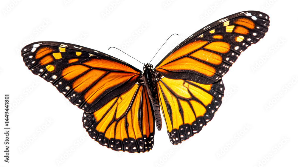 Fototapeta premium Monarch butterfly wings open, close up detailed, cut out transparent