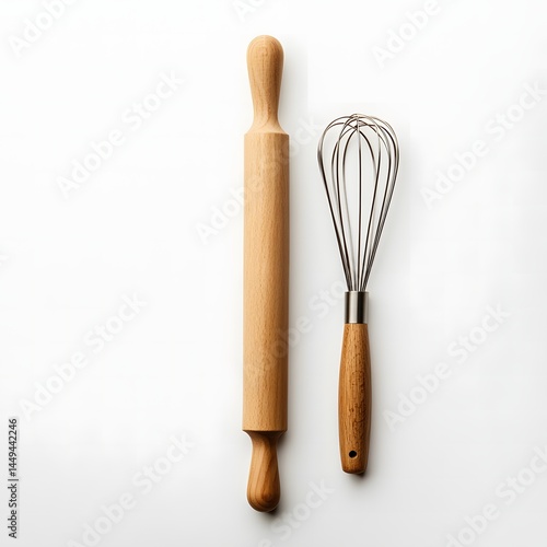 Baking Essentials: Rolling Pin and Whisk on White